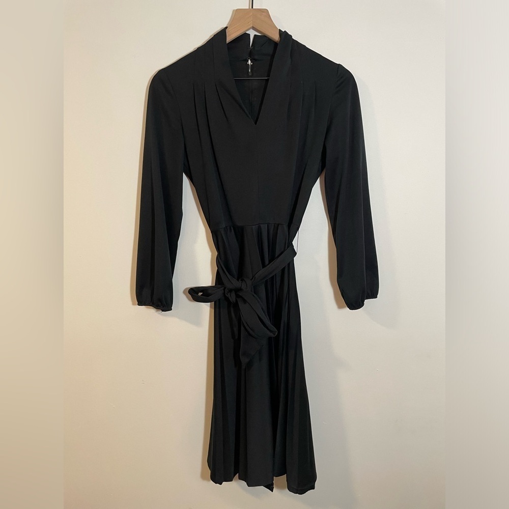 Vintage Sears Black Pleated Skirt Dress With High Pleated V- Neckline Belted
